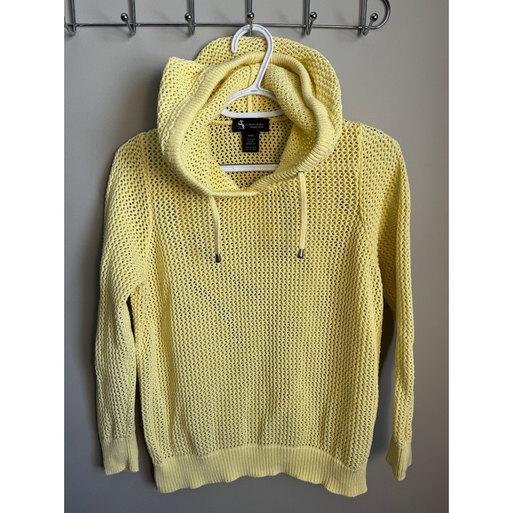 Alison Sheri Butter Yellow Open Knit Crochet Hoodie Sweater Womens Medium Preppy